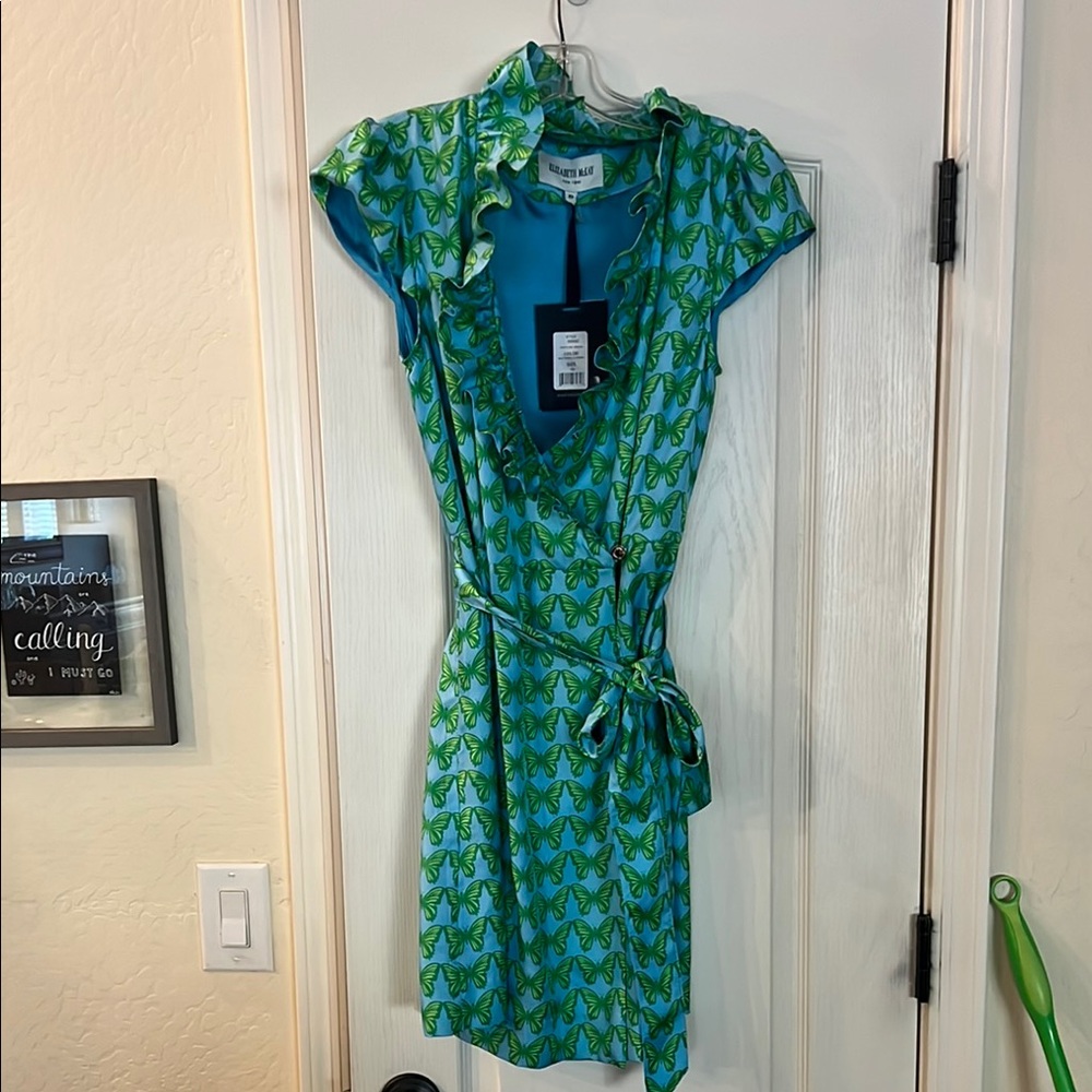 NWT Elizabeth McKay Blue and Green Wrap Dress size 10 butterflies Scotland